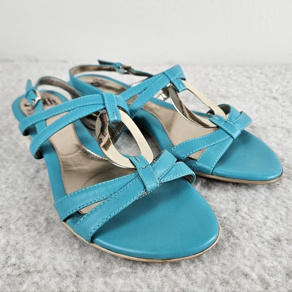 (NEW) Sofft Teal T-Strap Leather Gold Kitten Heel Sandals Size 7.5